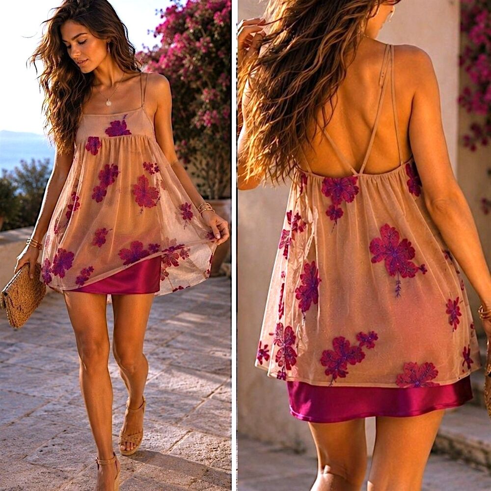 Tobi S Mesh Embroidered Tunic Tank Sheer Floral Babydoll Boho Whimsical Romantic